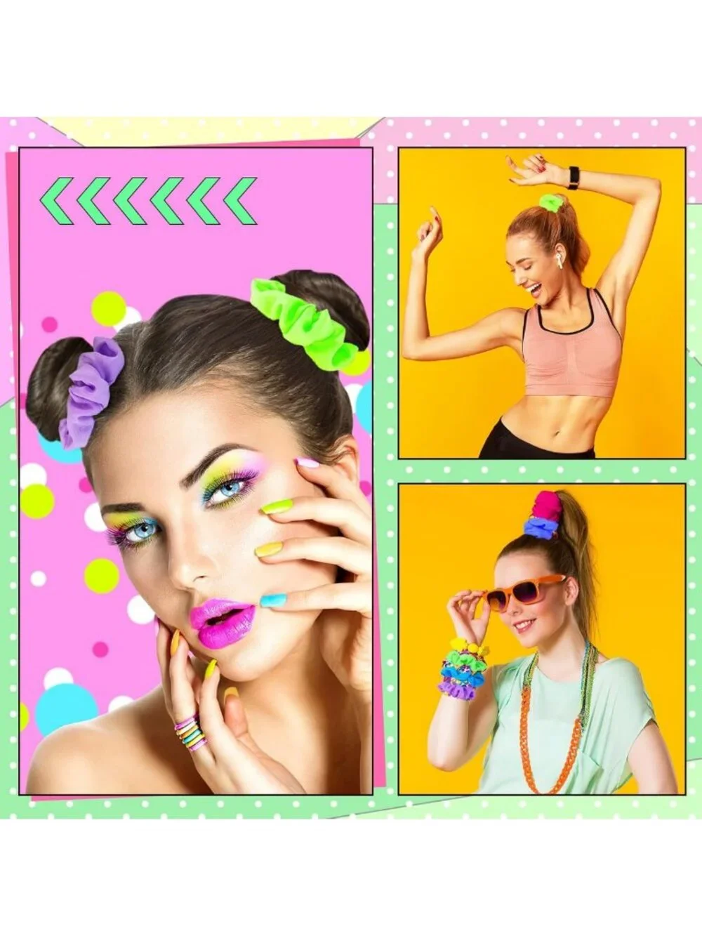 48 Pcs Neon Scrunchies - Bright Colorful Hair Ties for 80s & 90s Style, Elastic